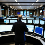 **A bustling railway control center in Lyon, France, with operators monitoring screens and communicating, showcasing modern digital radiocommunication (GSM-R) systems alongside human interaction, emphasizing safety and efficiency. Focus on the blend of technology and human expertise.**