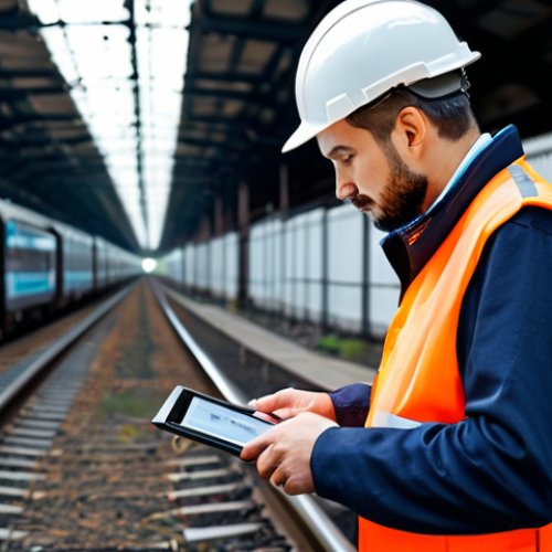 Home 13 A focused male railway engineer in a professional, modest uniform and safety vest, meticulously inspecting a piece of railway track equipment with a tablet displaying diagnostic data. The background shows a modern, clean railway environment with precise infrastructure. The engineer maintains a natural pose with perfect anatomy, well-formed hands, and correct proportions. The image conveys professional photography quality, high detail, realistic lighting, fully clothed, appropriate attire, safe for work, appropriate content, family-friendly.