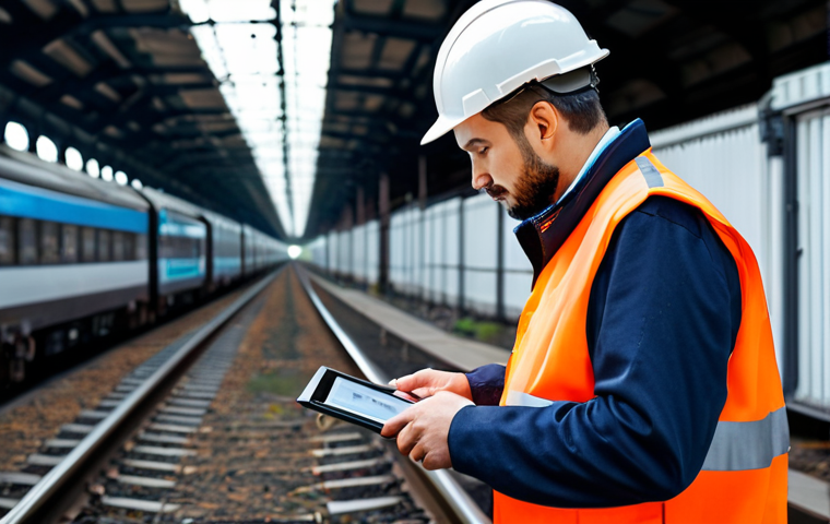 A focused male railway engineer in a professional, modest uniform and safety vest, meticulously inspecting a piece of railway track equipment with a tablet displaying diagnostic data. The background shows a modern, clean railway environment with precise infrastructure. The engineer maintains a natural pose with perfect anatomy, well-formed hands, and correct proportions. The image conveys professional photography quality, high detail, realistic lighting, fully clothed, appropriate attire, safe for work, appropriate content, family-friendly.
