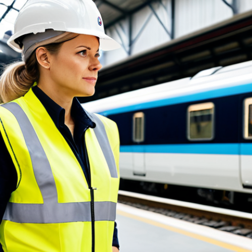 Home 6 **
"A professional female engineer in a modern, brightly lit train maintenance depot, wearing a high-visibility vest and hard hat, inspecting a high-speed train bogie, fully clothed, appropriate attire, safe for work, perfect anatomy, natural proportions, professional photograph, modest, family-friendly."
**