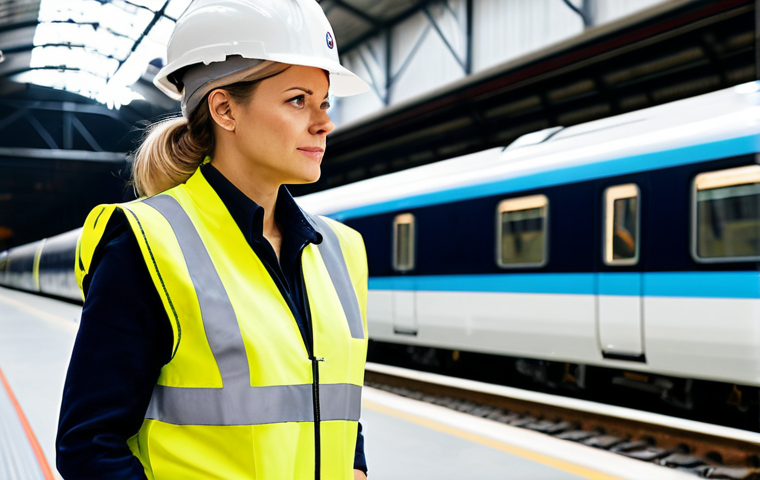 **

"A professional female engineer in a modern, brightly lit train maintenance depot, wearing a high-visibility vest and hard hat, inspecting a high-speed train bogie, fully clothed, appropriate attire, safe for work, perfect anatomy, natural proportions, professional photograph, modest, family-friendly."

**