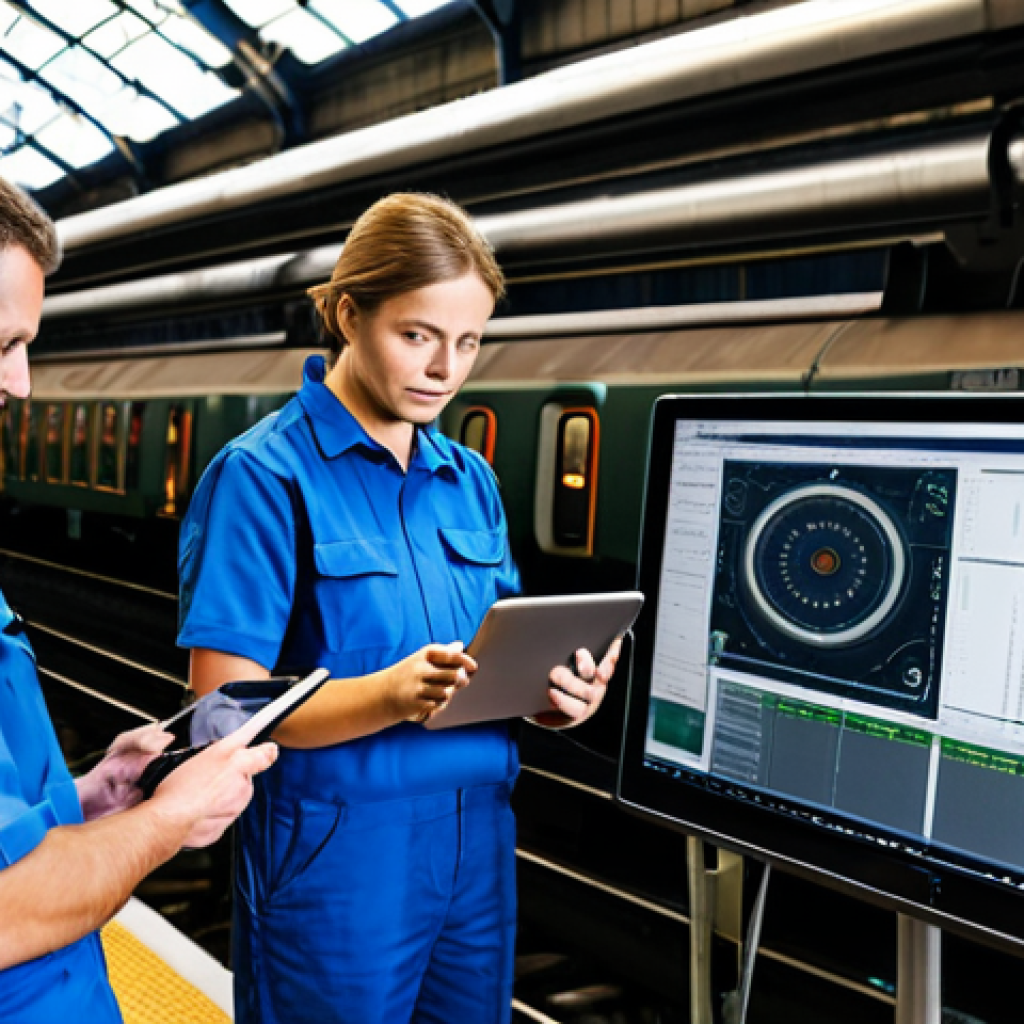 철도차량 관리 시스템 트렌드 - Predictive Maintenance**
"A team of engineers in a modern train maintenance depot, analyzing data o...