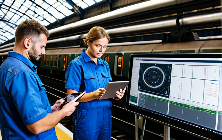 철도차량 관리 시스템 트렌드 - Predictive Maintenance**
"A team of engineers in a modern train maintenance depot, analyzing data o...