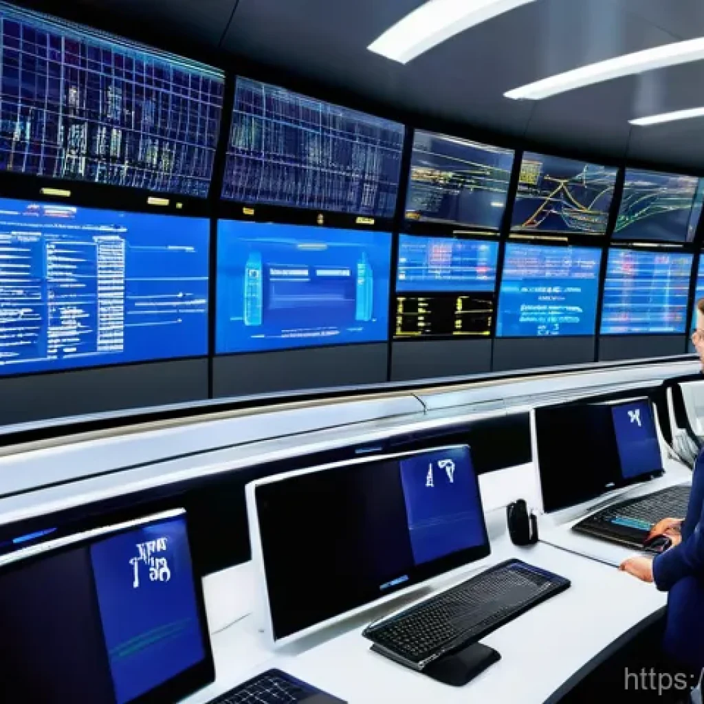 철도 실무 도구 및 소프트웨어 - "A sophisticated, brightly lit railway control center filled with large, curved digital display scre...