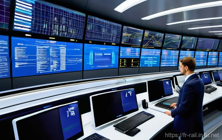 철도 실무 도구 및 소프트웨어 - "A sophisticated, brightly lit railway control center filled with large, curved digital display scre...