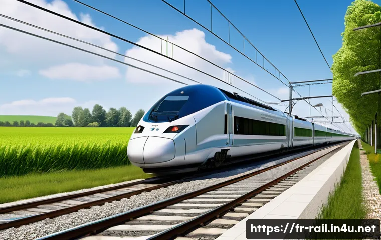 철도 전문가가 추천하는 필독 서적 - A detailed and realistic depiction of a modern French high-speed train (TGV) speeding along a meticu...