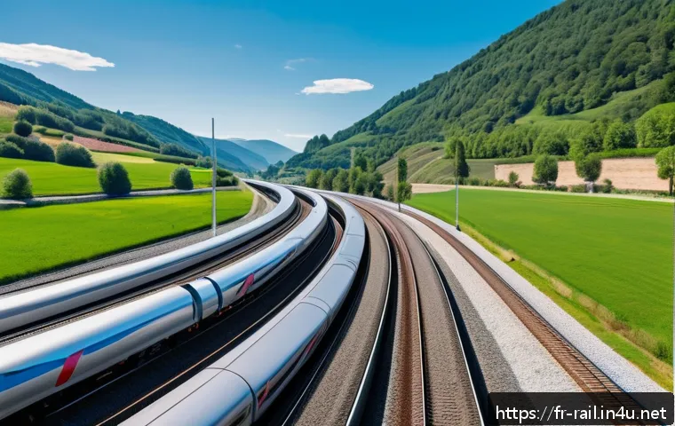 철도 유지보수 장비 리뷰 - A futuristic railway maintenance scene featuring advanced drones flying above high-speed train track...