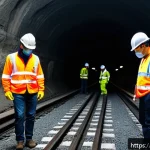 Home 18 철도 터널 관리와 유지보수 - A highly detailed scene inside a French railway tunnel undergoing a manual visual inspection by a sp...