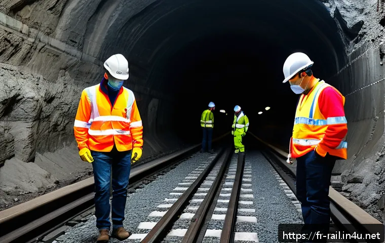 철도 터널 관리와 유지보수 - A highly detailed scene inside a French railway tunnel undergoing a manual visual inspection by a sp...