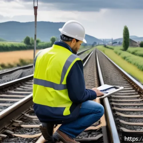 Home 17 철도기사 실무자 인터뷰 - A French railway technician wearing a high-visibility safety vest and helmet, working on railway tra...