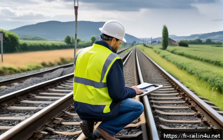 철도기사 실무자 인터뷰 - A French railway technician wearing a high-visibility safety vest and helmet, working on railway tra...