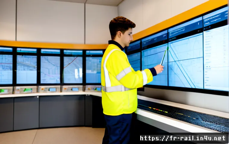 철도기사 진로 탐색 가이드 - Photorealistic career exploration scene in a modern French railway operations center, a young adult ...